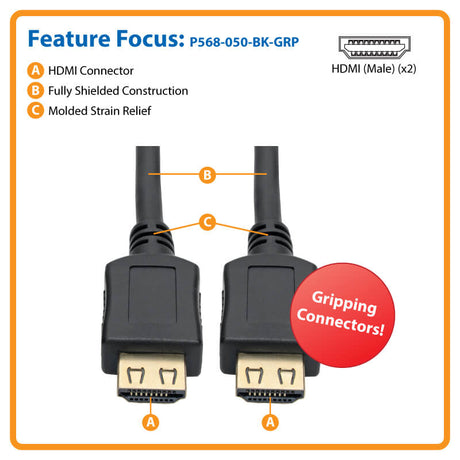 Tripp Lite HDMI Cable, Gripping Connectors, 4K (M/M), Black,   3ft