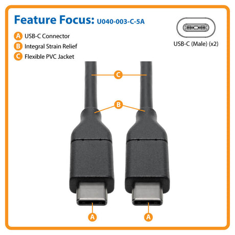 Tripp Lite USB-C Cable (M/M) - USB 2.0, 5A (100W) Rated, 3ft